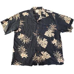 Luau Men 2X Black Floral Palm Leaf Hawaiian Silk Shirt Button Up Tropical Resort